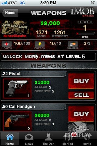 Weapons section of iMob Online displaying on an iPhone