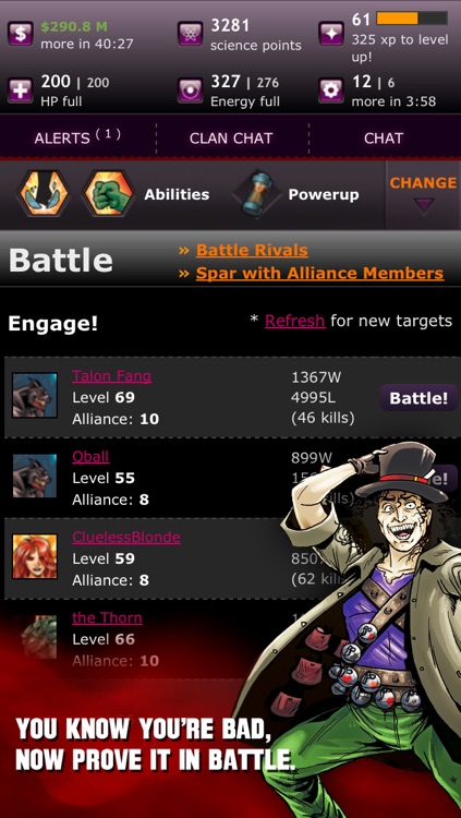 The Battle page of Uken's game, Villains