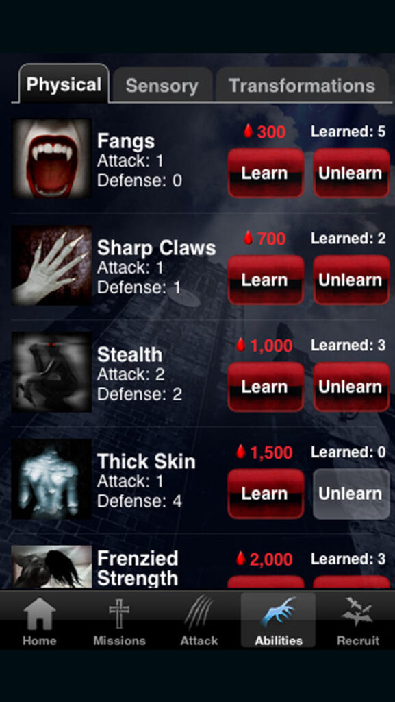 The Abilities Screen of Vampires Live by Storm8
