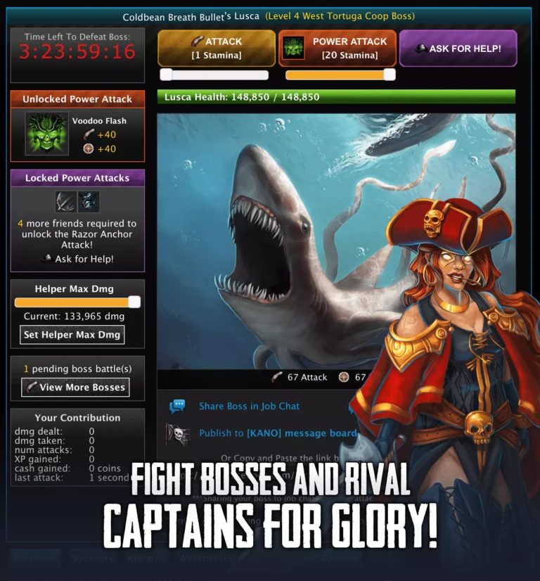 Pirate Clan gameplay showing a captain boss battle