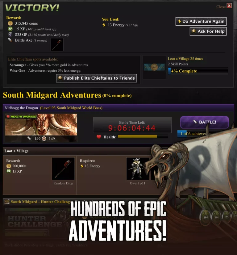 Viking Clan gameplay showing Adventures