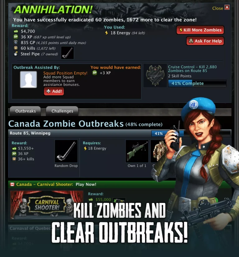 Zombie Slayer gameplay showing an Outbreak